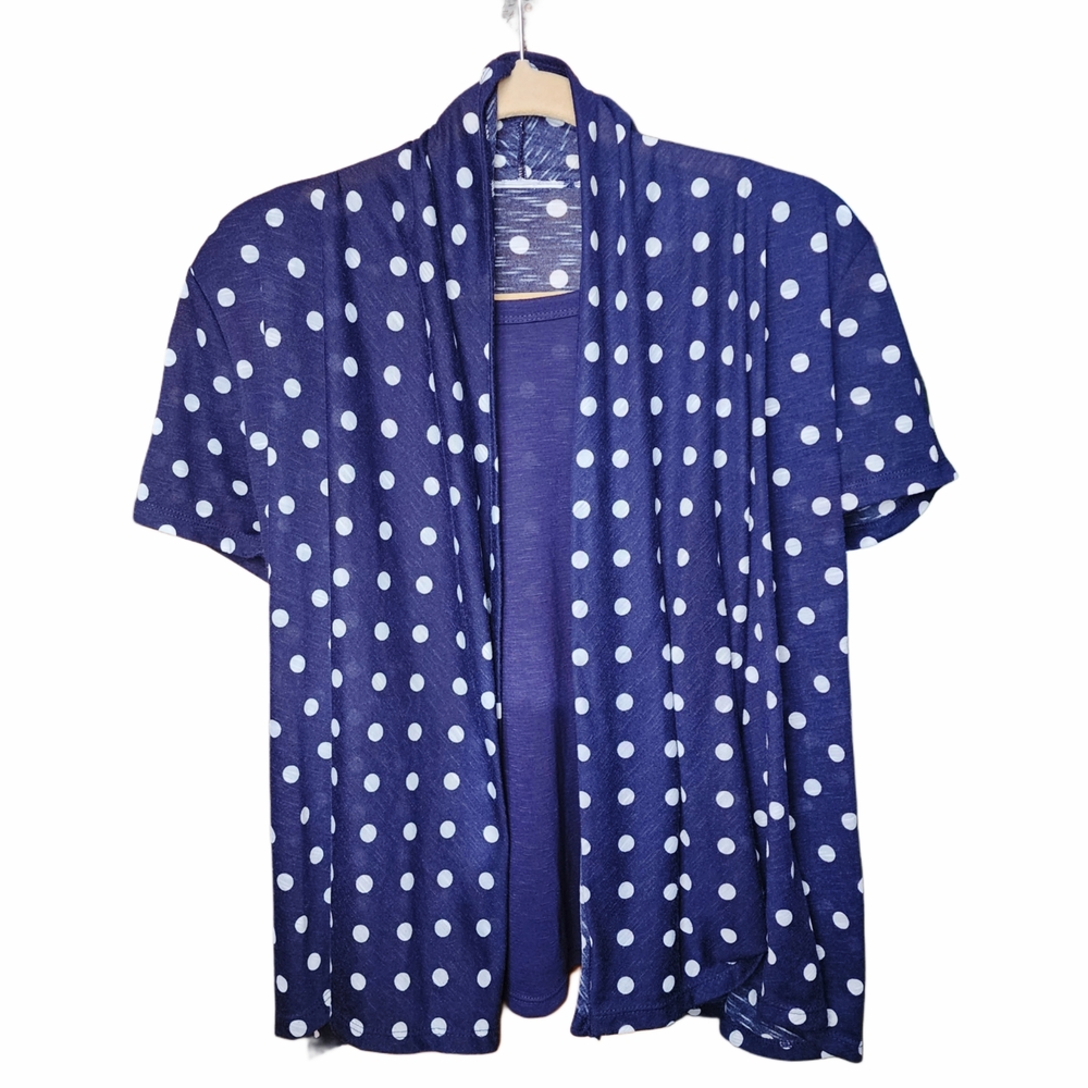 Blue And White Polka Dot Short Sleeve Open Front Built In Cami Top Size M